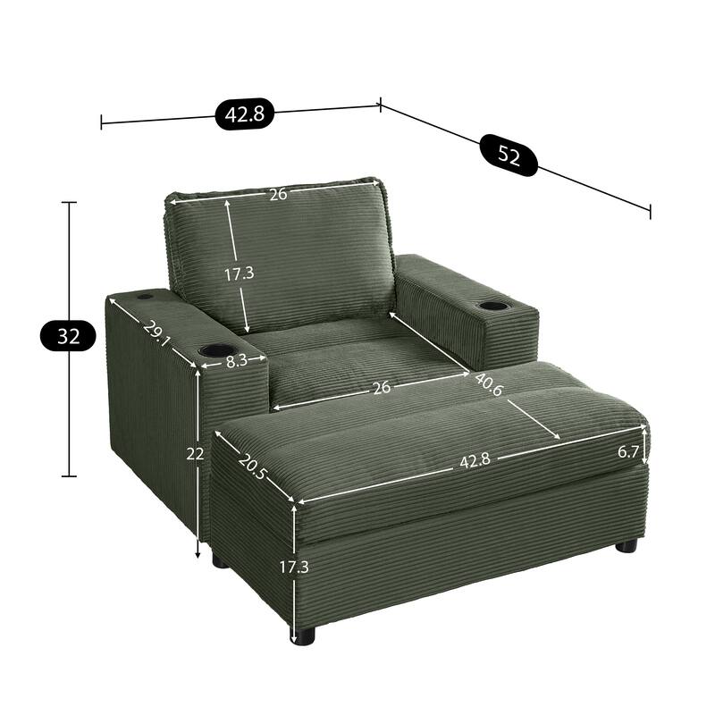 Roomfitters Oversized Chaise Lounge Chair with Storage Ottoman and Built-in USB Charging Port, Corduroy Sleeper Couch