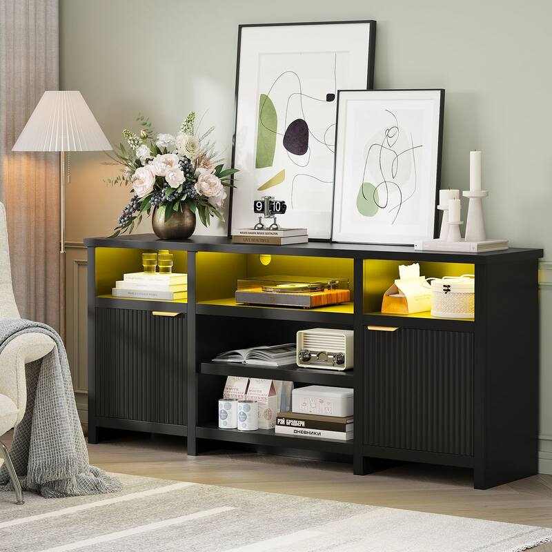 Gyomojoy 71" LED Farmhouse TV Stand for 75-85 Inch TV, Modern Boho Media Console with RGB Lights, 2 Doors & Adjustable Shelves.