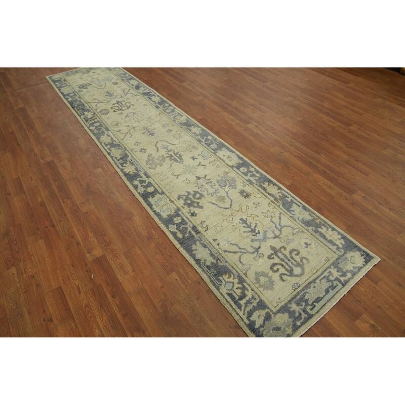 Vegetable Dye Wool Oushak Turkish Runner Rug, Floral Geometric Carpet - 11' 4'' X 2' 7''