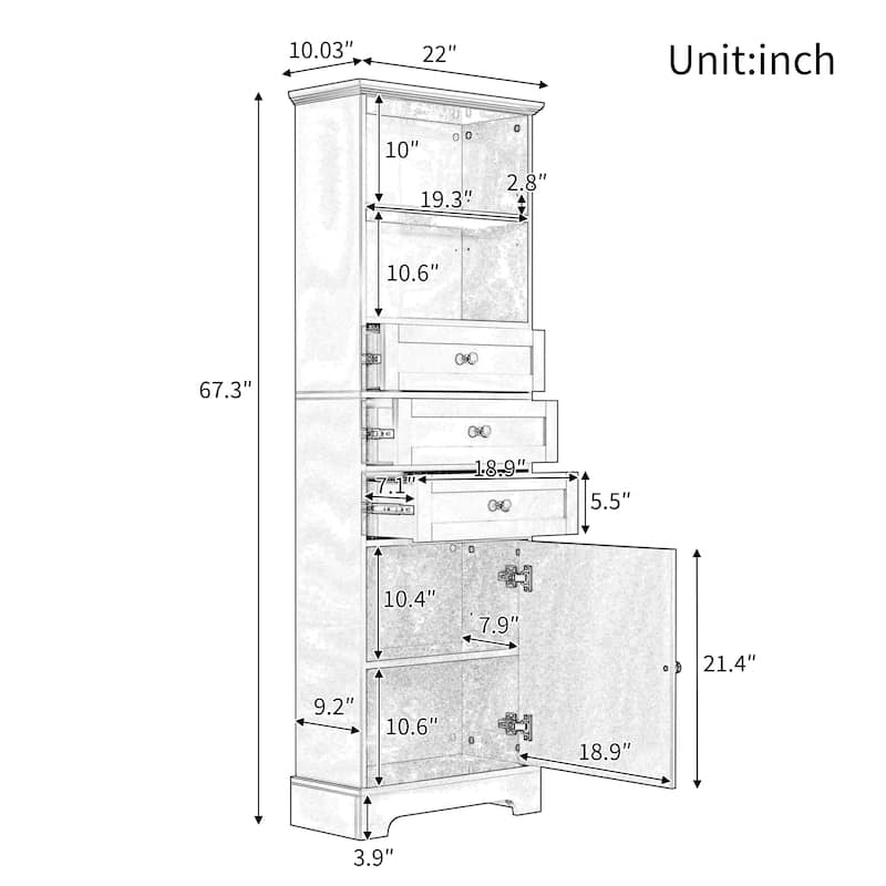 Tall Bathroom Cabinet, Storage Cabinet with Door, 2 Drawers, 3 Open Shelves and Ajustable Shelves for Kitchen Entrance Bedroom