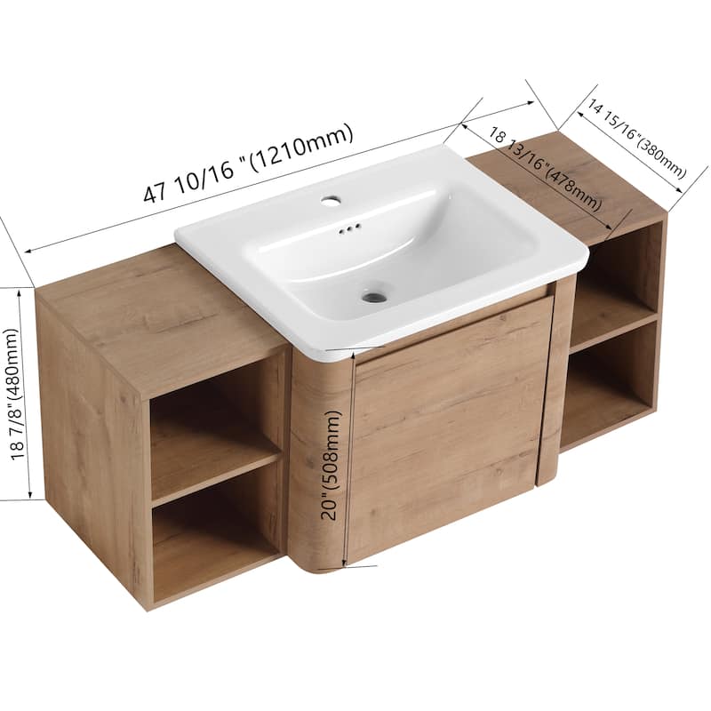 Wall-Mounted Bathroom Vanity with Ceramic Sink - Imitative Oak
