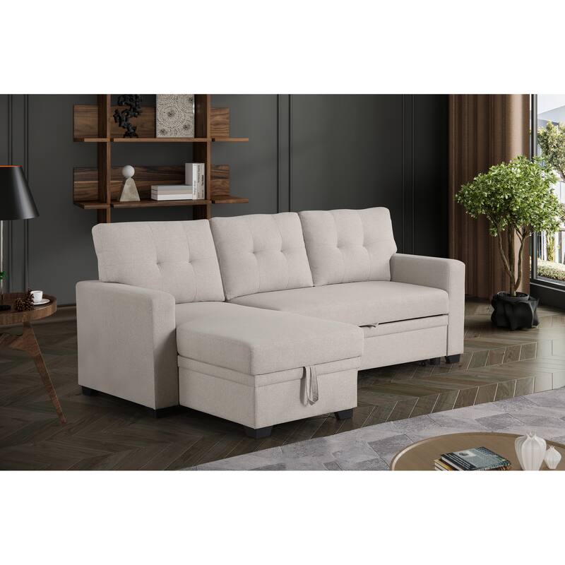Convertible Upholstered Sectional Sofa With Pull-Out Chaise - Beige