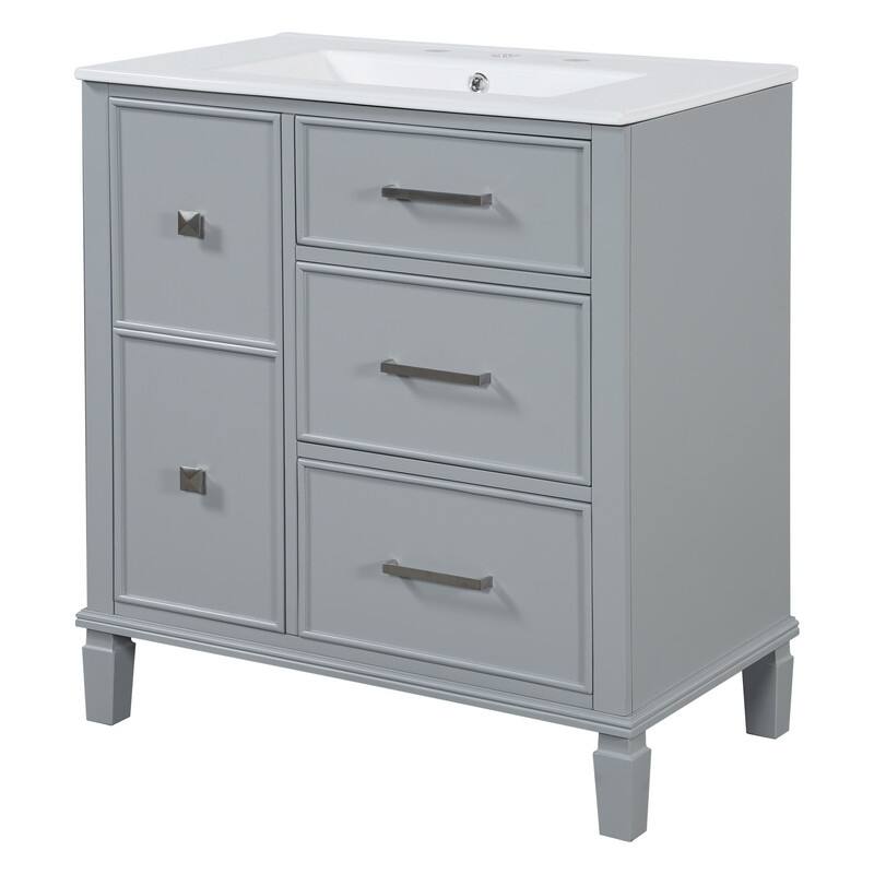 30 Inch Bathroom Vanity with Ceramic Sink, Flip-Out Drawer Design for Plumbing, White Painted MDF Cabinet with Solid Wood Legs