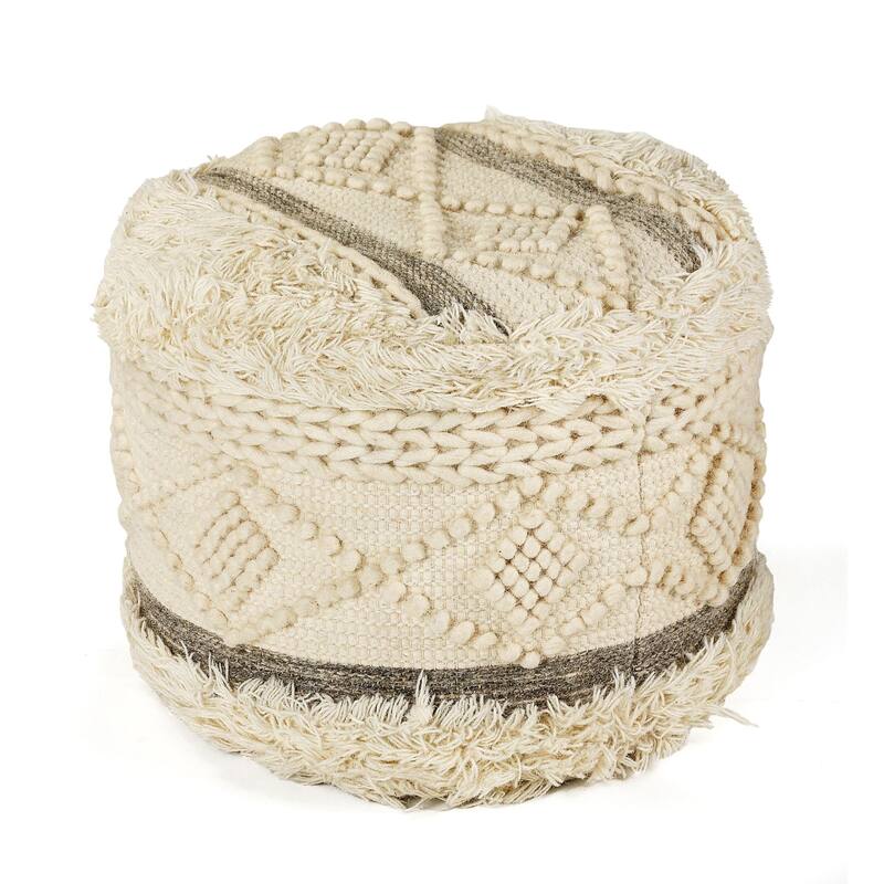 18" Cream and Brown Geometric Tufted Round Wool Pouf Ottoman