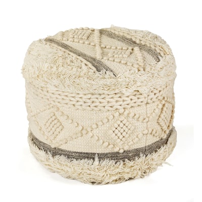 18" Cream and Brown Geometric Tufted Round Wool Pouf Ottoman