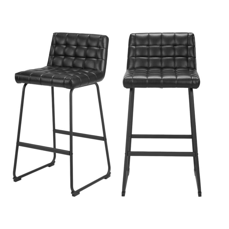 Set of Two 30" Black Faux Leather And Steel Bar Height Bar Chairs