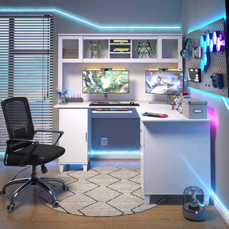 Home Office Computer Desk with Storage Shelves, Drawer, and Cabinets