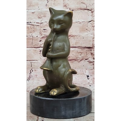 Whimsical Imitative Cat Playing Clarinet Bronze Sculpture On Marble Base