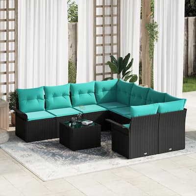 vidaXL 9 Garden Sofa Set with Cushions Black Poly Rattan - 95.9 x 92.1 x 27.2