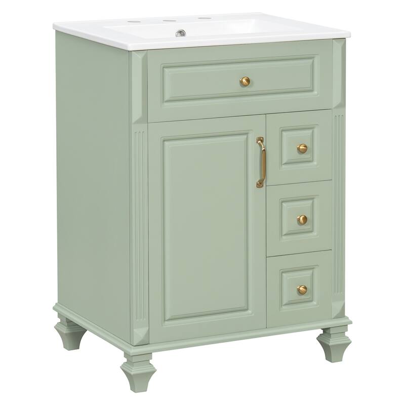 24"Bathroom Vanity with Sink, Freestanding Vanity Cabinet with Flip-Out Drawer, 3 Drawers & Storage Cabinet, Ceramic Sink Top