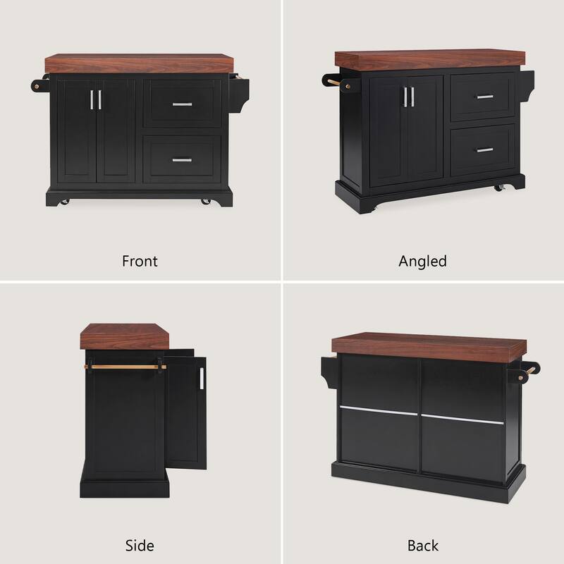 53" Large Kitchen Island with 3.5" Thick Desktop, Spice and Towel Racks, Kitchen Island with Storage on 5 Wheels, 2 Drawers