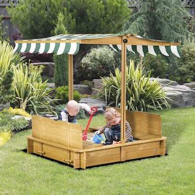 Outsunny Wooden Kids Sandbox with Cover, Foldable Bench Seats
