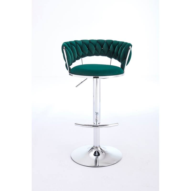 Set of 2 Bar Stools,with Chrome Footrest and Base Swivel, Height Adjustable, Velvet Upholstered + Chrome Leg Simple Bar Stool