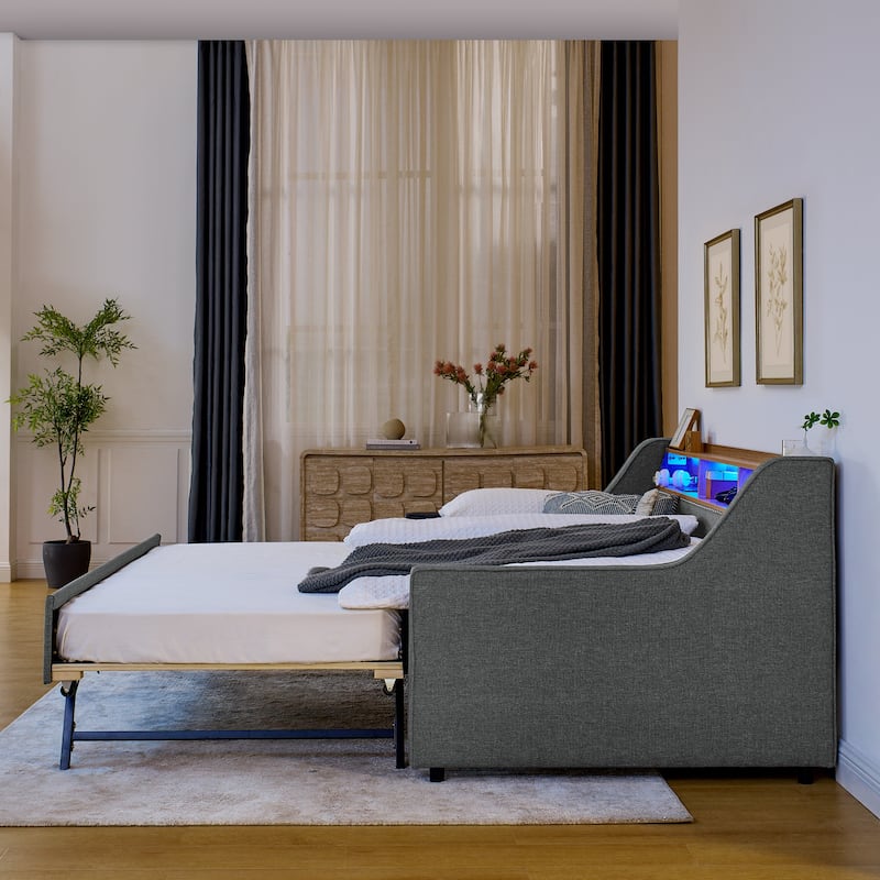Linen Upholstered Bedframe Twin Daybed with Foldable Leg Pull Out Trundle, LED Lights, Storage Headboard and Wireless Charging