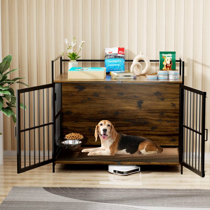 Dog Cage Furniture with Cushion, Dog Kennel Indoor with Rotating Feeder Bowls, Heavy Duty Indoor Cage Kennel - Black
