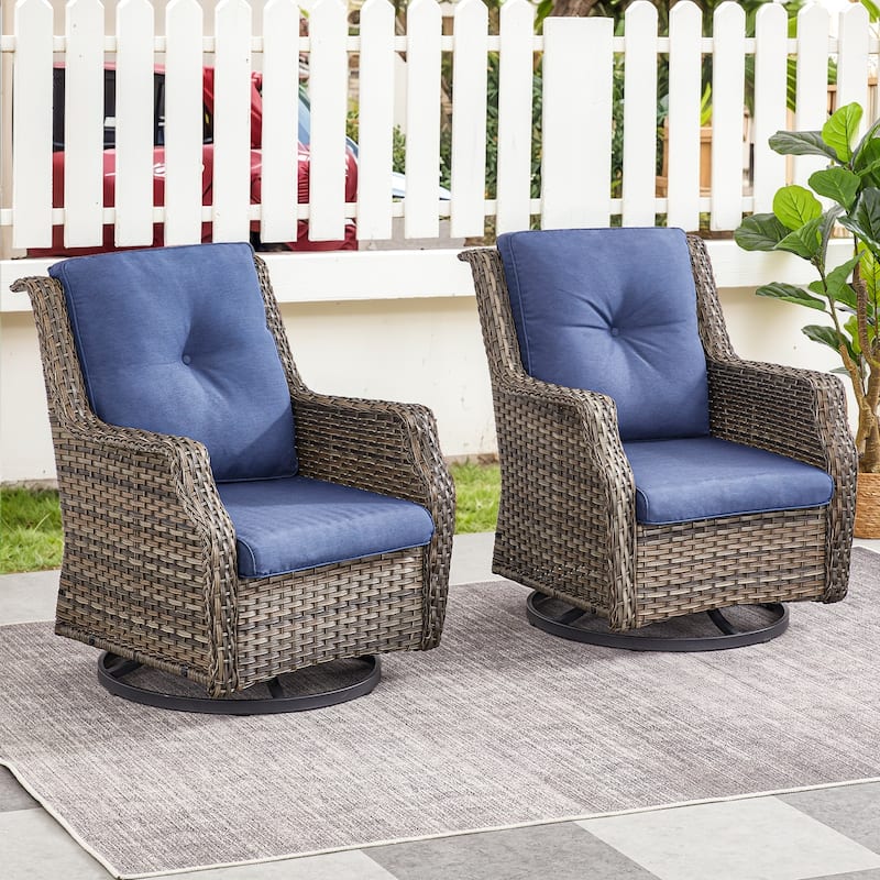 Pocassy Patio Swivel Glider Wicker Chairs with Ottoman and Table - Blue Cushion - Grey Wicker - 2-Piece Swivel Chair