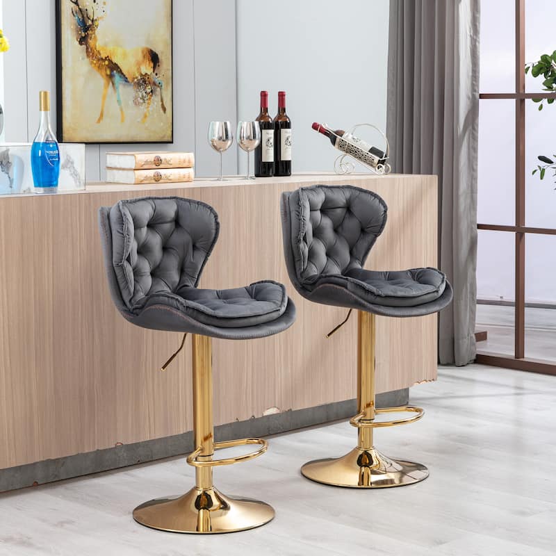 Set of 2 Adjustable Swivel Bar Stools, Gray Velvet with Chrome Footrest & Gold Legs
