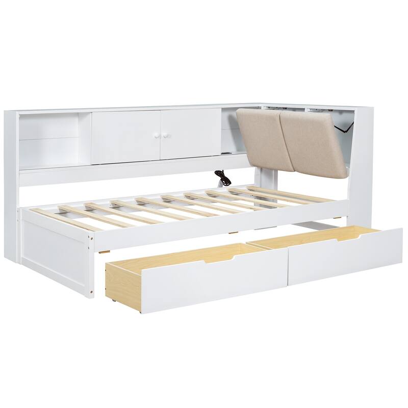 L-shaped Daybed Wooden Corner Sofa Bed Frame with Sliding Doors Bookcase Captains Bed, Upholstered Headboard Built-in Storage
