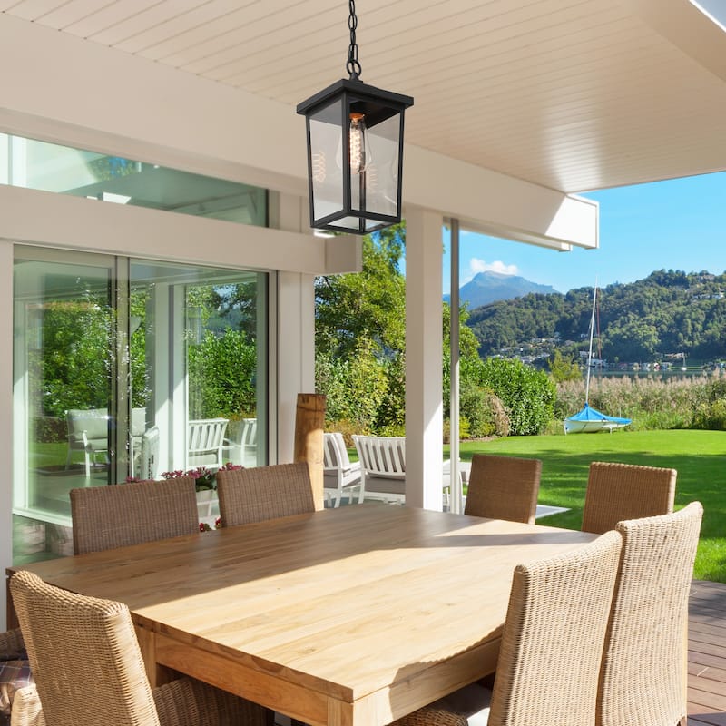 Bern Modern 1-Light Black Outdoor Ceiling Lights Lantern Porch Pendant Light - L 6.3"x W 6.3"x H 13"