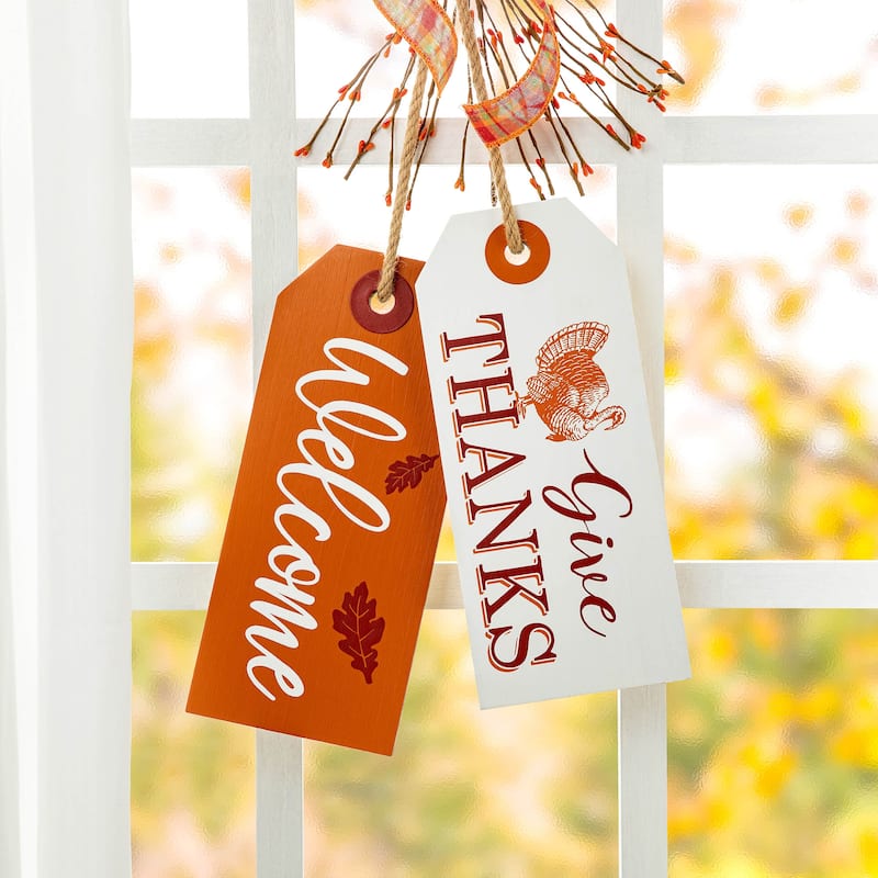 Glitzhome 24"H Hello Fall Give Thanks Wooden Door Hanger Thanksgiving Decor
