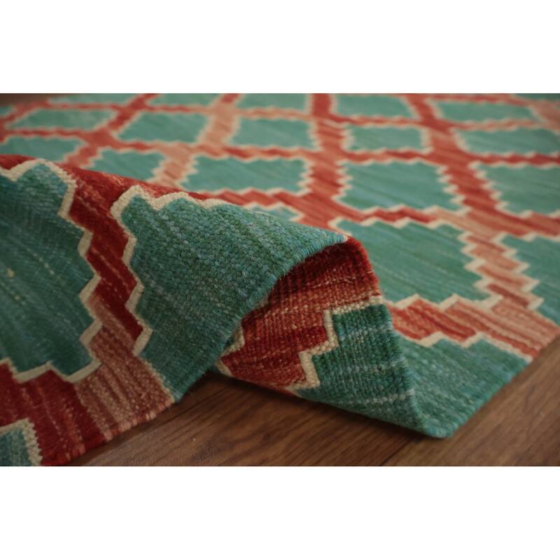Hand Woven Oriental 100% Wool Carpet Southwestern All-Over Green Kilim Runner Rug - 9' 8'' X 2' 7''