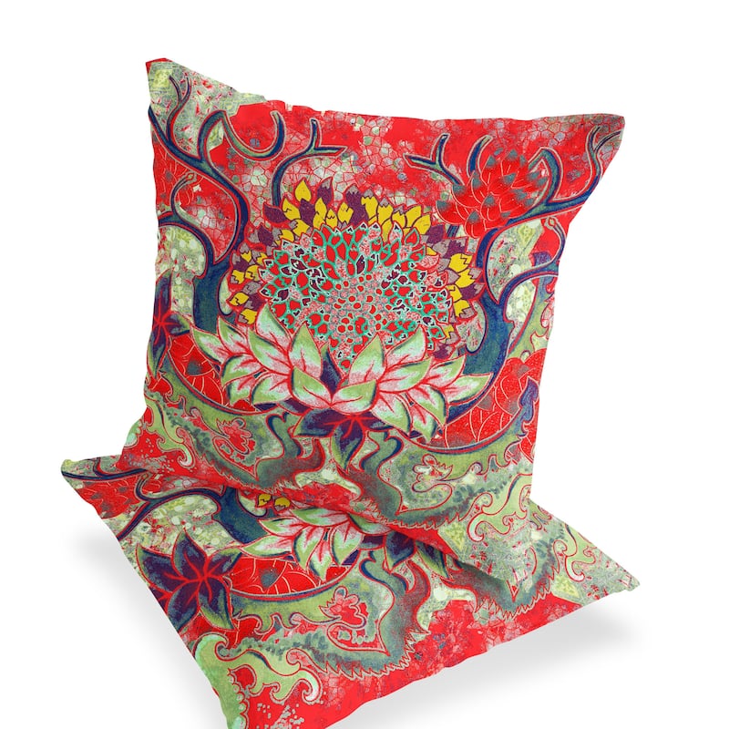HomeRoots Set of Two 16" X 16" Green and Red Blown Seam Floral Indoor Outdoor Throw Pillow - 16.00' X '16.00' X '5.00