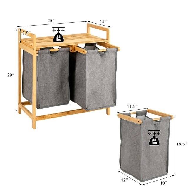 Natural Wicker 2 Bin Laundry Hamper with Removable Fabric Bags and Sliding Storage Shelf - 25"L x 13"W x 29"H