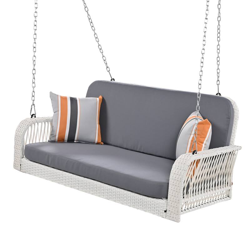 All-Weather PE Wicker Porch Swing with Cushions and Chains, 2-Person Hanging Bench for Backyard, Garden, Patio or Poolside Use