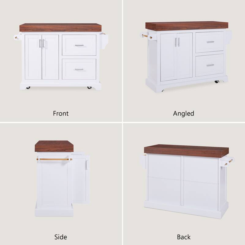 53" Large Kitchen Island with 3.5" Thick Desktop, Spice and Towel Racks, Kitchen Island with Storage on 5 Wheels, 2 Drawers