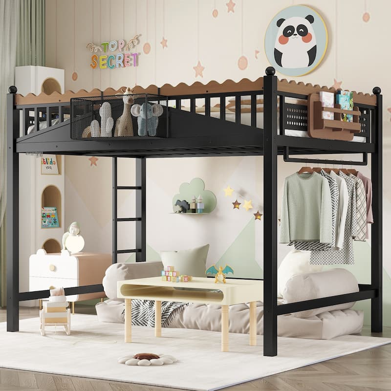 Modern Metal Loft Bed with Shelves & Bookshelf, Ladder Entry, No Box Spring Needed, Multi-Size