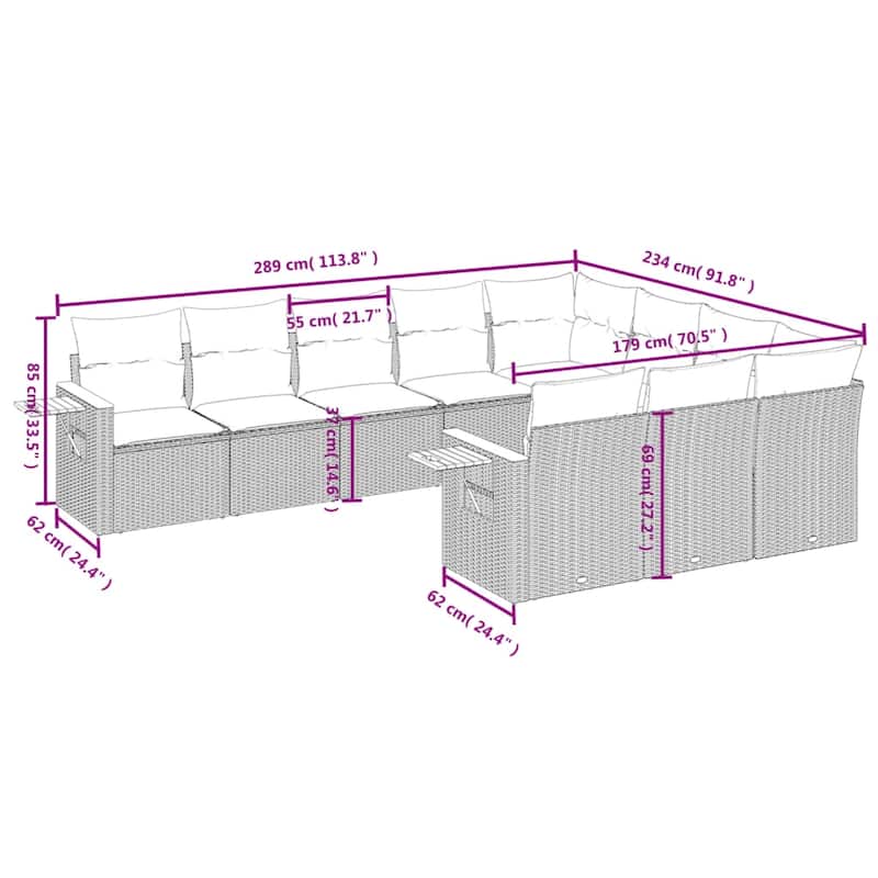vidaXL Patio Sofa Set with Cushions Outdoor Conversation Furniture Poly Rattan - 24.4 x 33.5 x 27.2 in