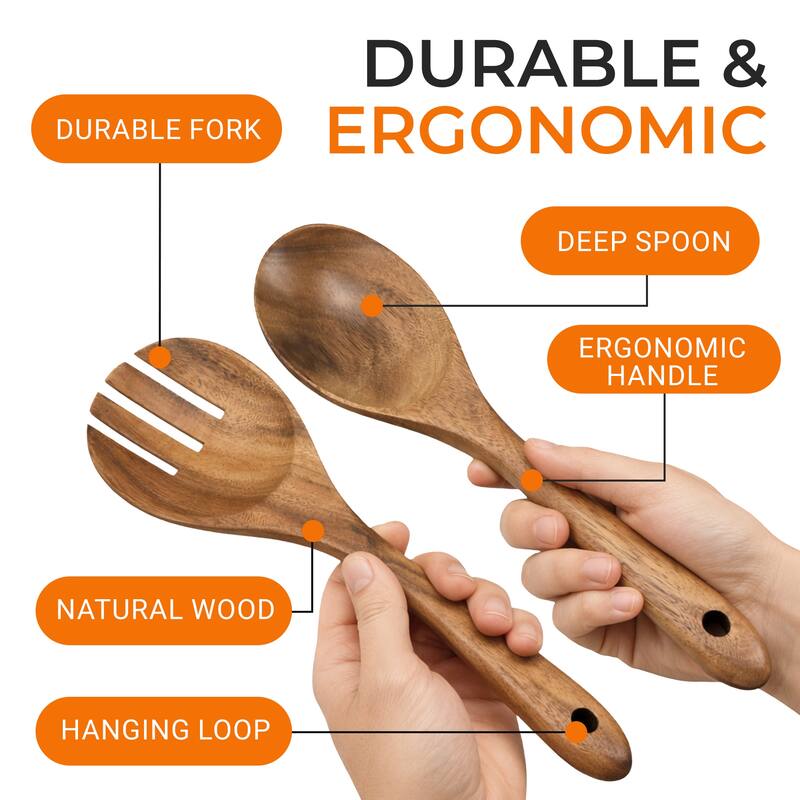 Cheer Collection Teak Wood Salad Spoon and Fork Set with Smooth Finish and Hanging Loop