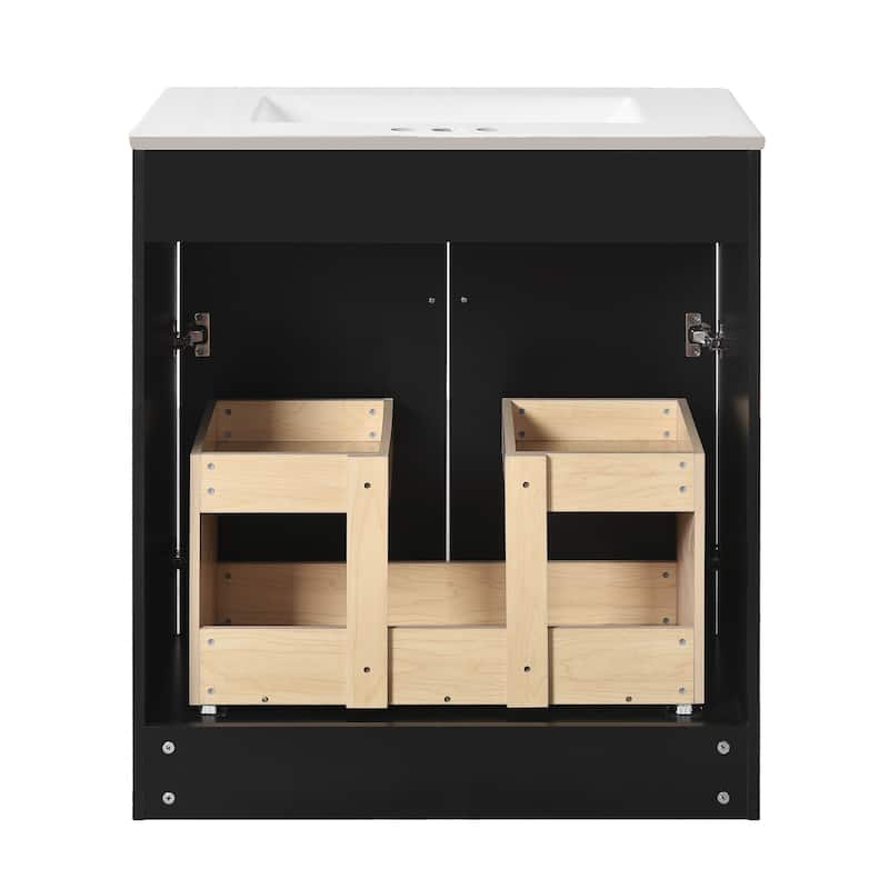 Modern Bathroom Vanity Floor Cabinet with Pull-out Rack, Soft Closing Textured Doors and Exquisite Gold Square Metal Handles