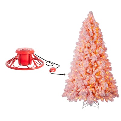 Home Heritage Rotating Tree Stand Base w/ Snowdrift 6.5 Ft Pre-Lit Holiday Tree
