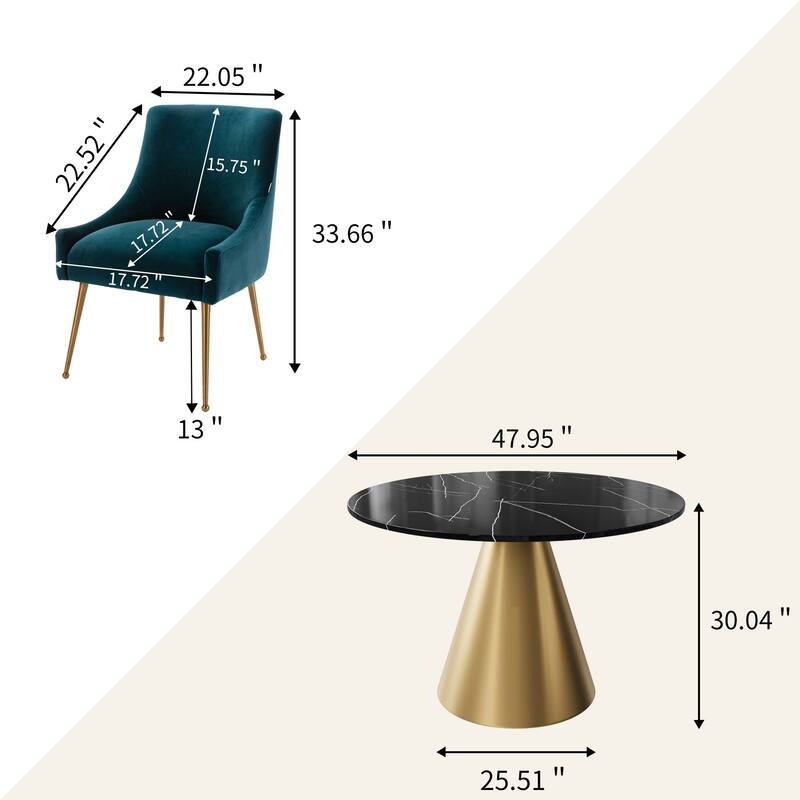 48" Marble Top Metal Dining Table with Velvet Dining Chair Set