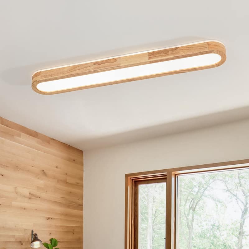 Rustic Wooden Long Oval Dimmable LED Flush Mount Ceiling Light 37.4in - 6000K Cool White