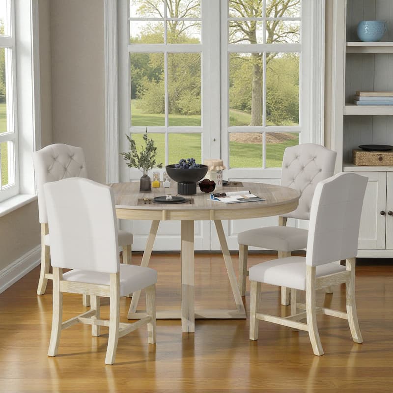 5-Piece Retro Extendable Round Dining Table Set, 42"-58" Wood Table with Leaf and 4 Upholstered Chairs for Dining Room