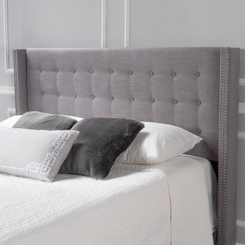 Kendrah Adjustable Full/Queen Wing-back Studded Fabric Headboard by Christopher Knight Home - Dark Grey