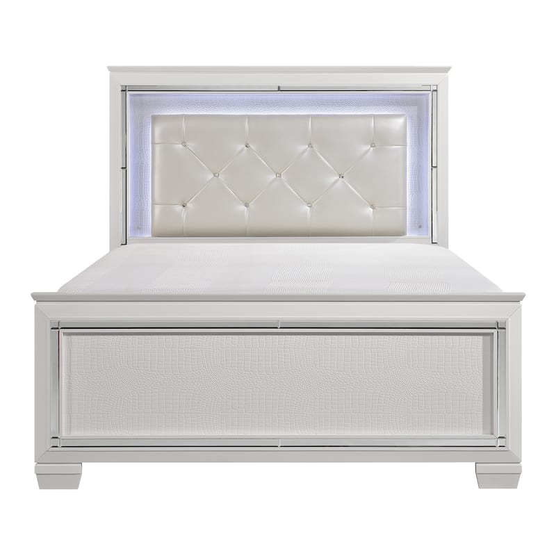 Queen Size Bed with LED Headboard, White Faux Leather, Alligator Embossed Design