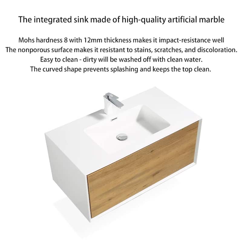 Wall-Mounted 1-drawer Bathroom Vanity Set in White and Oak with Integrated Solid Surface Sink