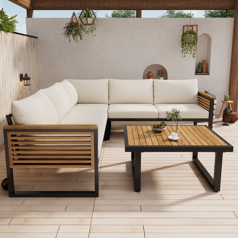 Christopher Knight Home - Adrian Outdoor 4-Piece Acacia Wood and Metal Patio Sectional Sofa Corner Set