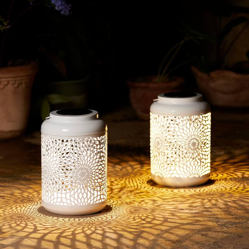 Glitzhome Set of 2 Metal Cutout Solar LED Outdoor Waterproof Hanging Lanterns