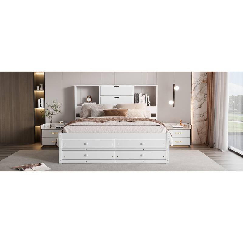 Roomfitters Queen/King Platform Bed with Storage Headboard and 8 Drawers, Solid Wood