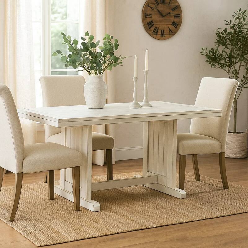 Sime Dining Table, 60 Inch Rectangular Plank Top, Off White Wood