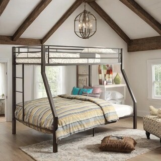 Sturdy Metal Twin/Full Bunk Bed, Reversible Ladder & Guardrail