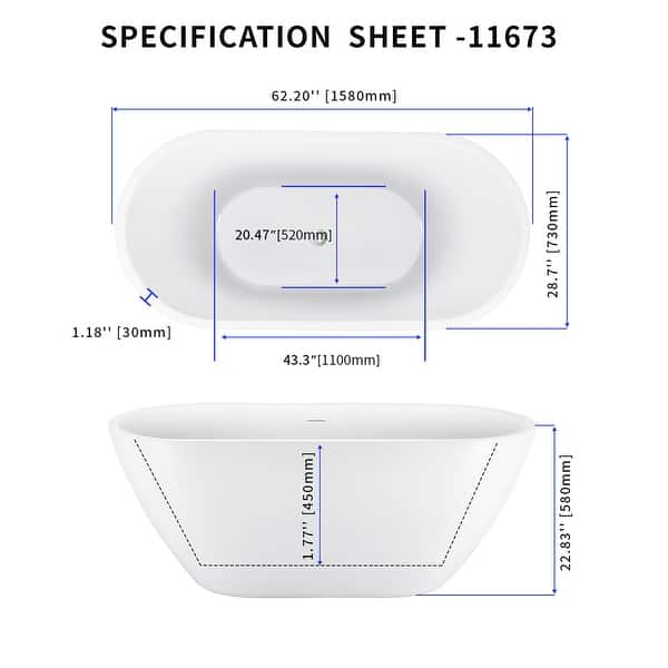 62 Inch Acrylic Freestanding Soaking Bathtub in White with Overflow and ...