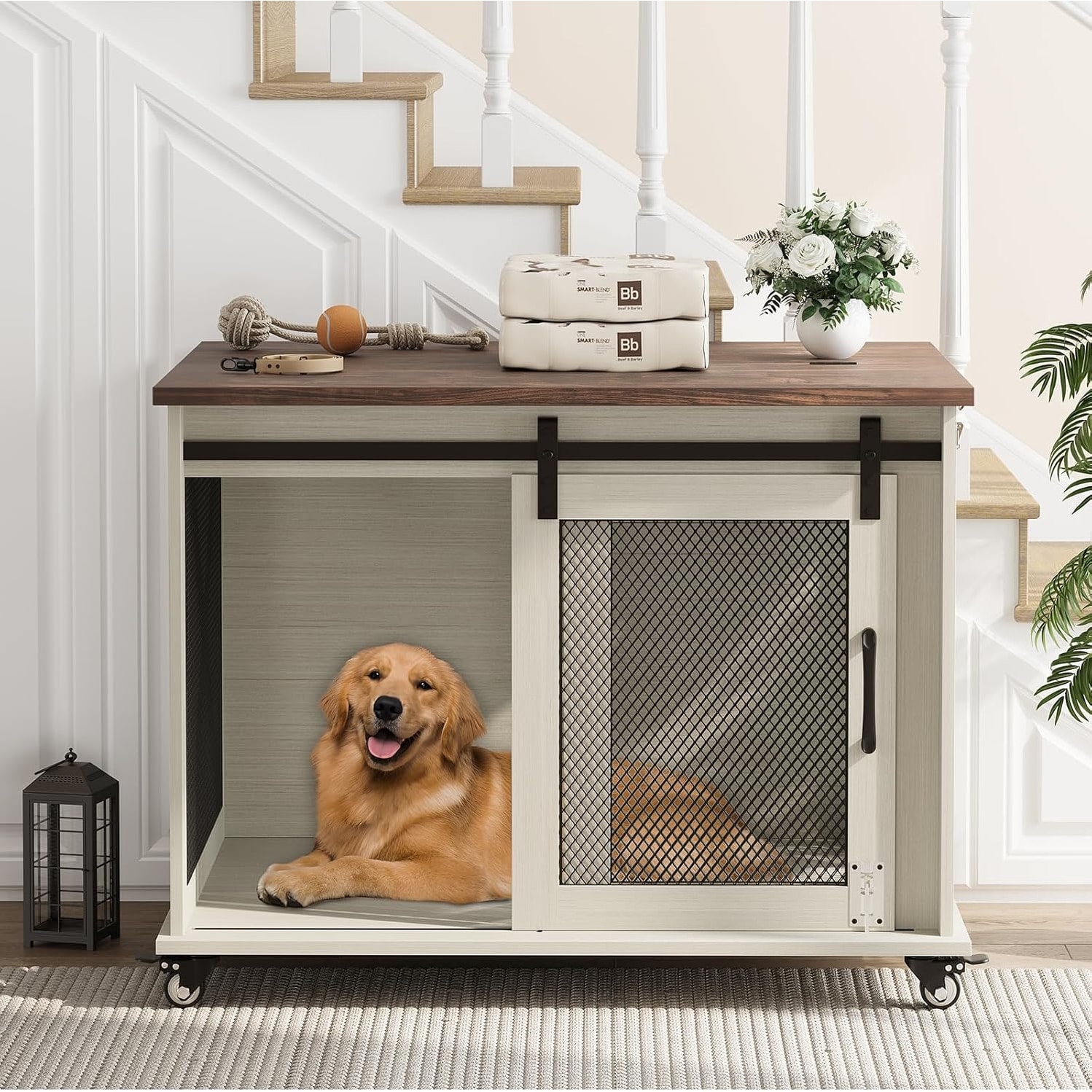 Dog Crate Furniture with Flip Top, Dog Kennel with Sliding Door and Wheels