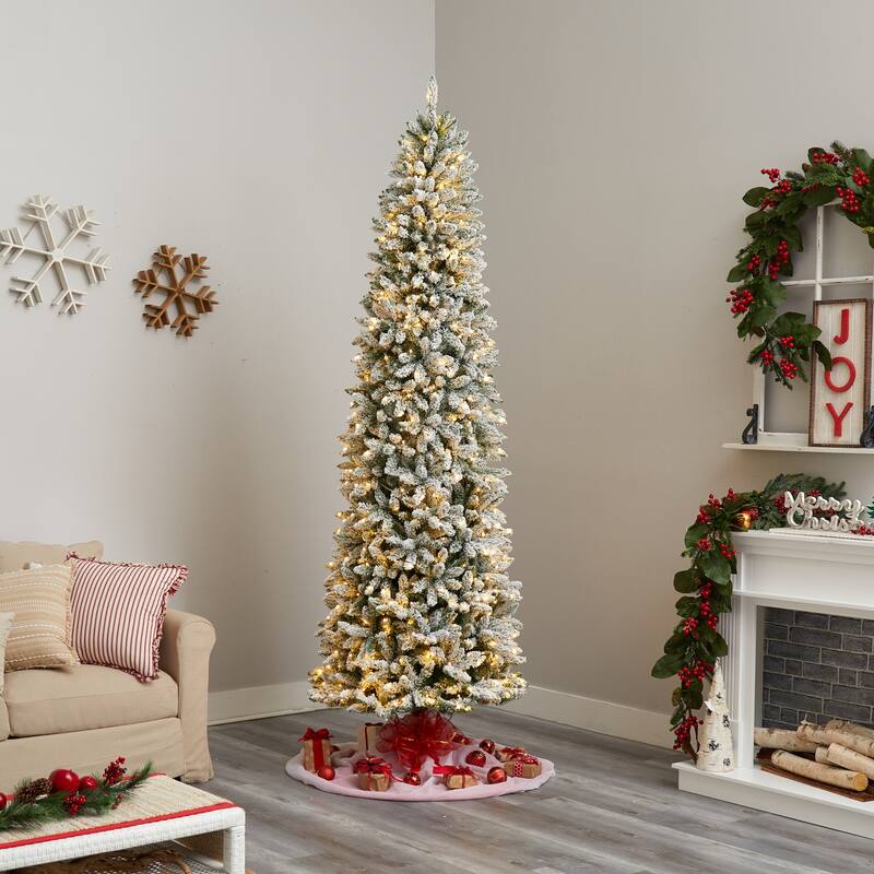 9ft Artificial Christmas Tree with Lights - Slim Winter Fir, Prelit Warm White LED Tree, Flocked Holiday Decor - Green - 108
