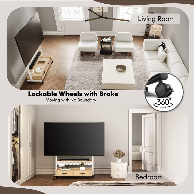 FITUEYES Mobile TV Stand for 70-100 inch Large TVs, Height Adjustable and Multi-functional with Wooden Large Drawer Storage