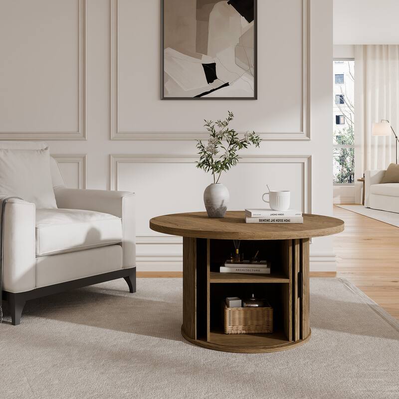 Mid Century Modern Round Coffee Table with Storage, Tambour Door Design Table for Living Room